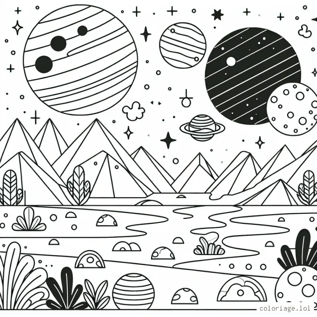 Un paysage imaginaire sur une autre planète avec des formes géométriques à colorier