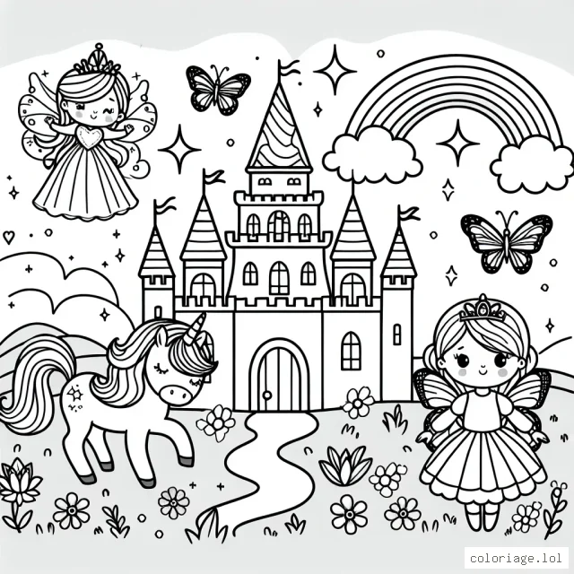 Un royaume féerique avec un château majestueux, une petite princesse, un poney magique, des papillons scintillants et un arc-en-ciel resplendissant