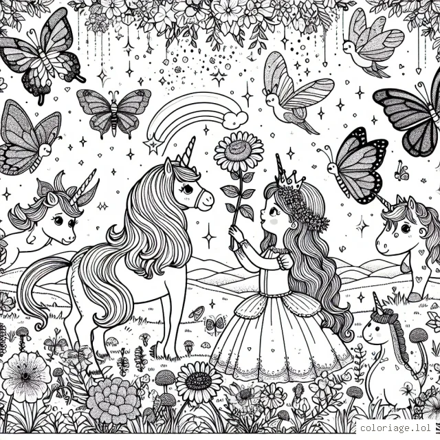 Imagine une scène féerique dans un jardin enchanté, peuplée de toutes sortes de créatures merveilleuses. Au centre, une princesse émerveillée, admire une fleur magique qui vient d'évoluer. Autour d'elle, des papillons chatoyants, des oiseaux colorés, des licornes scintillantes et un petit dragon amical.