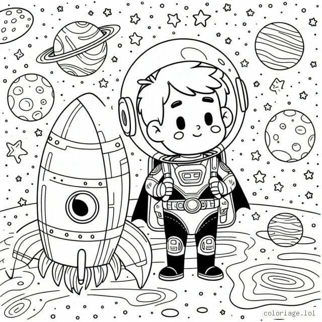 Un jeune garçon avec sa super armure spatiale s'apprête à monter dans sa navette pour partir à l'exploration d'une constellation de planètes exotiques.