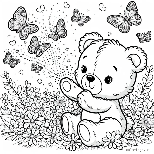 Un petit ours en peluche nommé Bruny joue avec des papillons scintillants dans un jardin fleuri