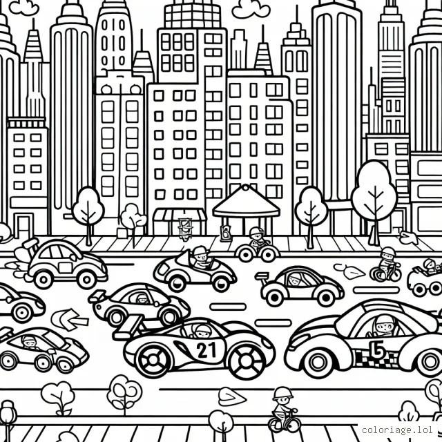 Dessinez et coloriez une course de voitures animées et colorées en pleine ville animée!