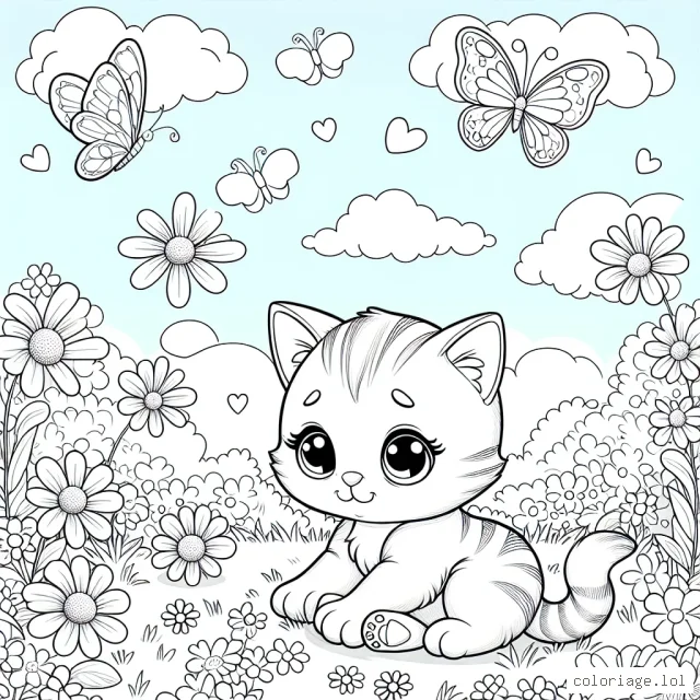 Un adorable petit chaton joue avec des papillons dans un pré fleuri sous le ciel ensoleillé d'un après-midi d'été.