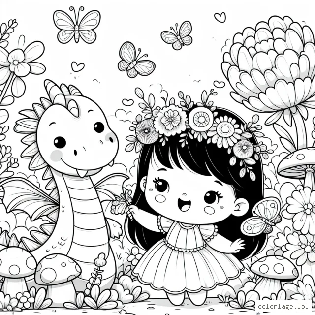 Imagine une petite princesse qui joue avec un dragon amical dans un jardin magique