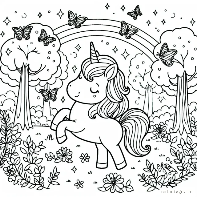Une licorne magique jouant avec des papillons dans une forêt enchantée