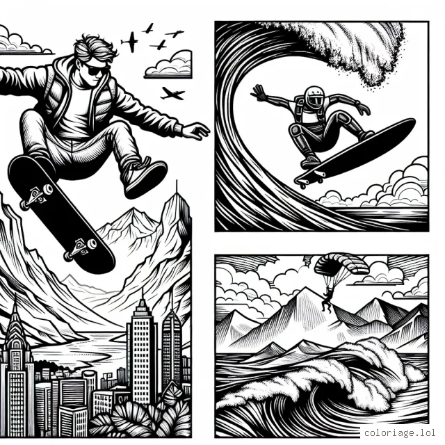 Imagine et dessine un parcours de sport extrême avec un skateur professionnel s'élancant dans les airs au-dessus d'un half-pipe, un surfeur sur une vague géante, et un parachutiste descenant du ciel.