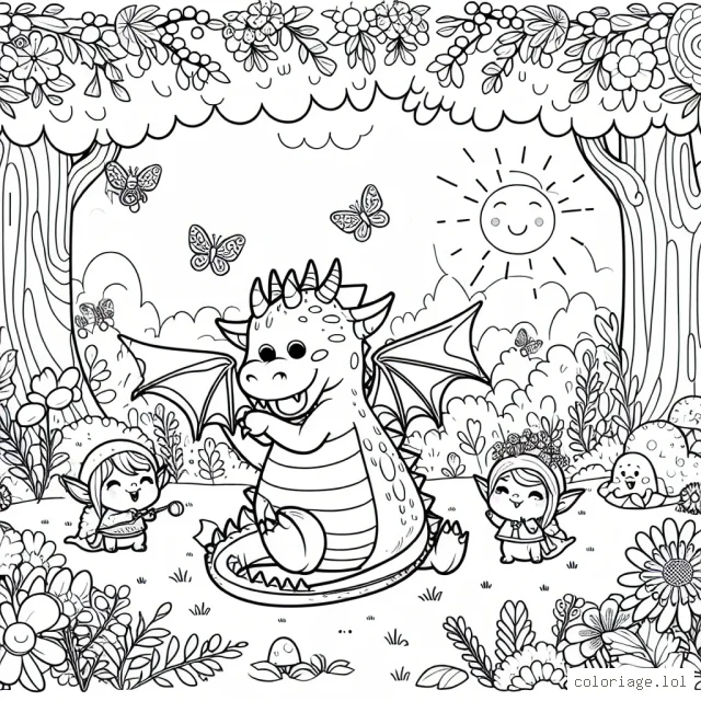 Un gentil dragon joue avec des petits lutins dans une forêt enchantée remplie de fleurs brillantes et d'arbres souriants.