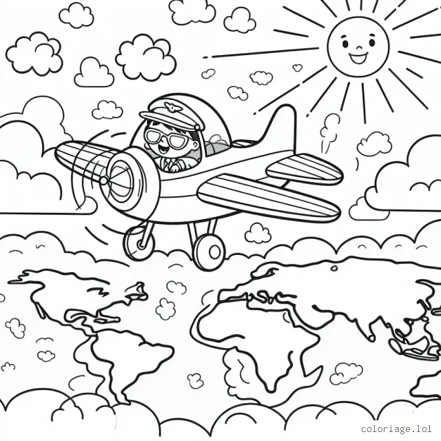 Pilote un avion à travers les nuages et sur les continents dans une journée pleine de soleil