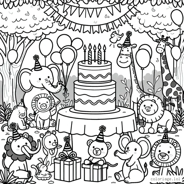 Dessine une fête d'anniversaire dans la jungle avec des animaux qui font la fête autour d'un grand gâteau d'anniversaire avec des cadeaux.