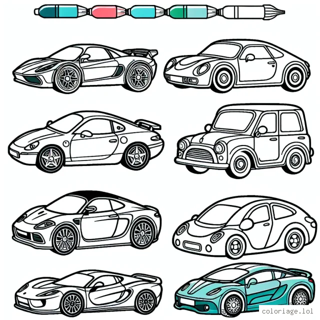 Colorie les voitures par marque. Chaque voiture est rep[resentée avec un logo de marque distinct. Parmi elles, tu retrouveras des marques célèbres comme Ferrari, Lamborghini, Peugeot, Renault, Tesla, et bien plus encore !
