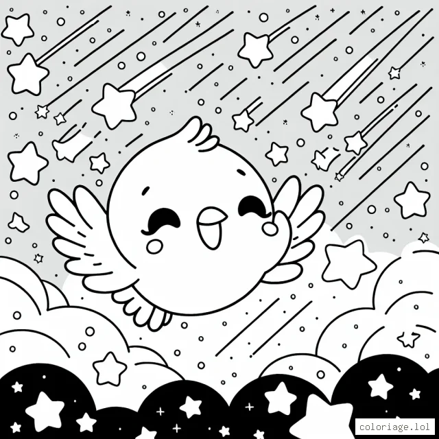 Un petit oiseau farceur volant parmi les étoiles filantes dans le ciel nocturne