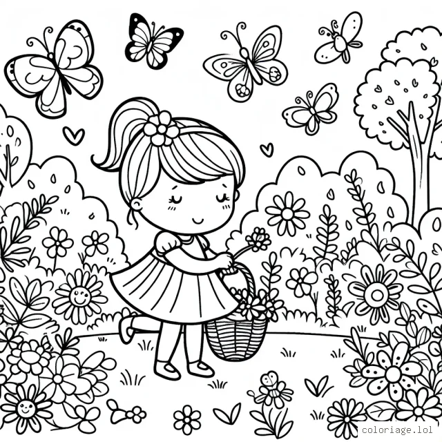 Une petite fille joue dans un jardin entouré de papillons, d'oiseaux et de fleurs colorées.