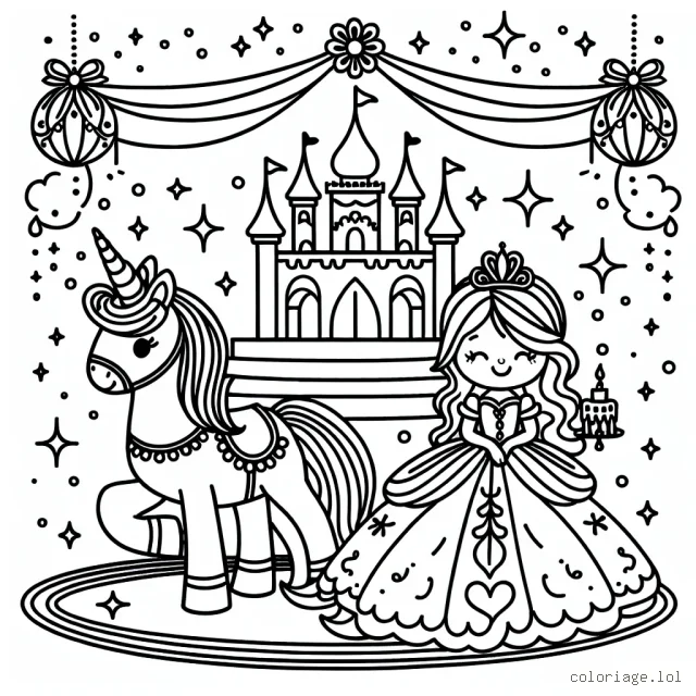 Un bal royal avec une princesse et sa licorne