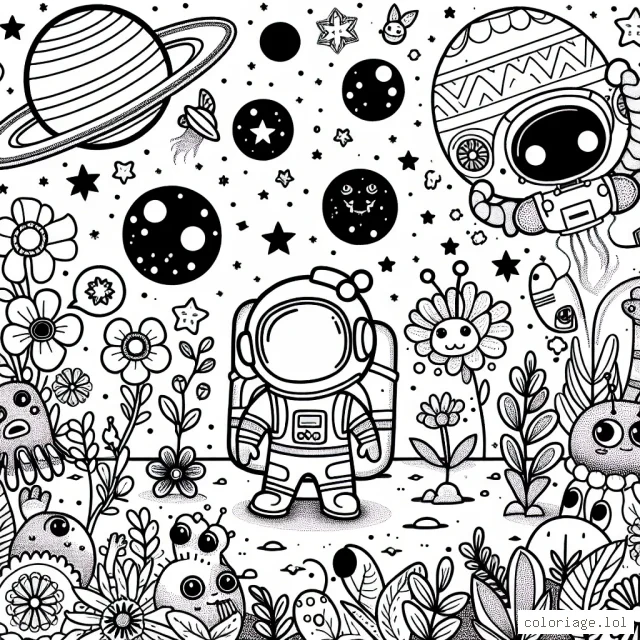 Un astronaute sur une planète avec des créatures mignonnes et variées, une végétation extraterrestre avec des fleurs de toutes les couleurs
