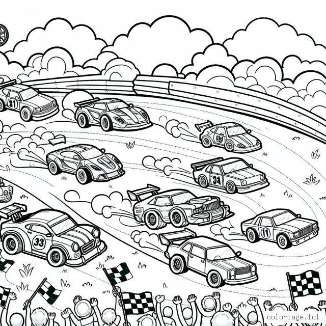 Dessine une course de voitures pleine d'action avec différentes marques et modèles impliqués. N'oublie pas d'ajouter des détails comme les spectateurs et le paysage environnant.