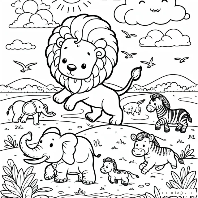 Sur une large savane africaine, il y a un jeune lion courageux qui participe à une grande aventure. Il est entouré d'autres animaux majestueux tels qu'un éléphant, un zèbre et un hippopotame. Dessine et colorie leur superbe histoire !