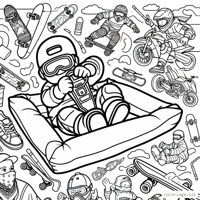 Sur la base d'un dessin en noir et blanc représentant une série de sports extrêmes.