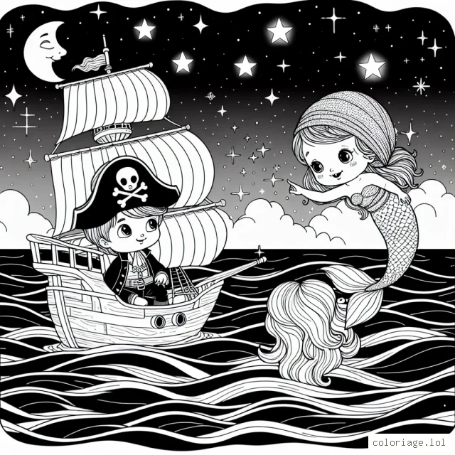 Un petit garçon pirate à bord de son navire, naviguant sur l'océan étoilé, rencontre une sirène amicale