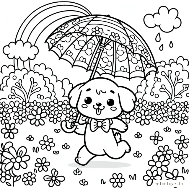 Un petit chien courant joyeusement dans un parc avec une multitude de fleurs tout en tenant delicatement un grand parapluie coloré