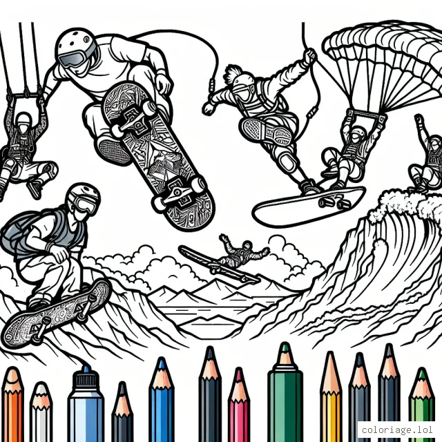 Dans cette scène, tu peux voir une compétition de sports extrêmes avec plusieurs athlètes faisant des tours incroyables. Il y a un skateur qui fait un saut sur une rampe, un surfeur qui surfe une grande vague, une personne faisant du parachutisme, et un grimpeur escalader une montagne. Ajoute des couleurs vives pour rendre justice à ces sports incroyables !