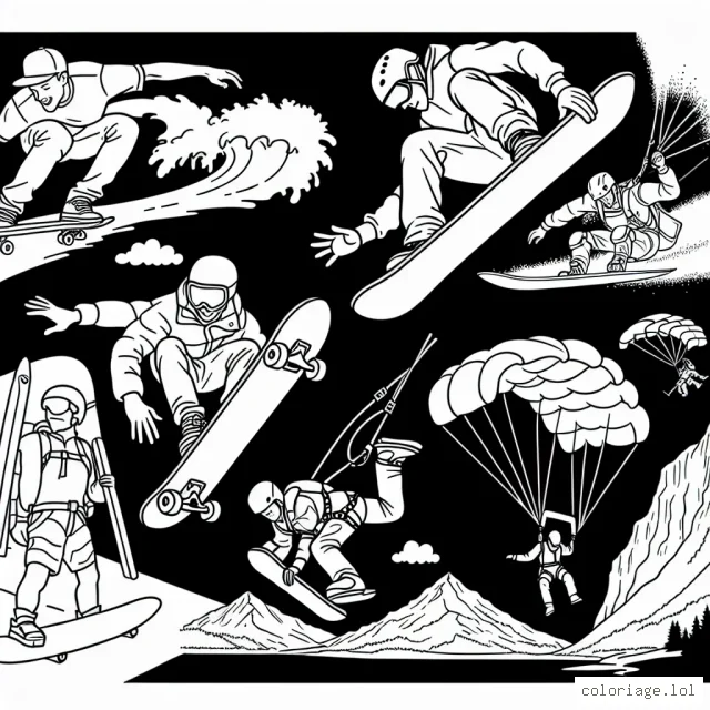 Tracez des athlètes en pleine action dans leurs différentes disciplines de sports extrêmes. Dessinez un skateur en plein saut, un surfeur chevauchant une vague géante, un snowboardeur glissant sur une piste de neige vierge, un parachutiste en chute libre et un grimpeur à la conquête d'une montagne abrupte.
