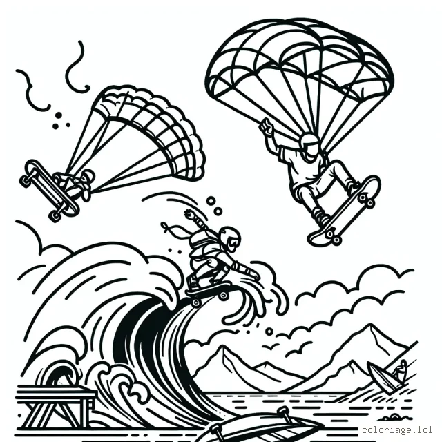 Une scène dynamique de sports extrêmes, représentant un skateur effectuant un saut impressionnant au-dessus d'une rampe, tandis qu'un parachutiste descend du ciel et un surfeur domine une vague énorme.