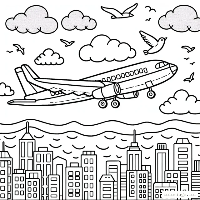 Dessine un grand avion survolant une ville animée pendant le jour, complète avec des détails comme des nuages, des bâtiments en arrière-plan et des oiseaux volants.