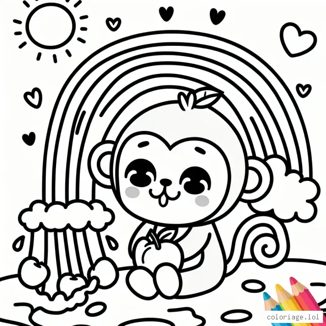 Un singe mignon qui joue avec un arc-en-ciel et une cascade de fruits