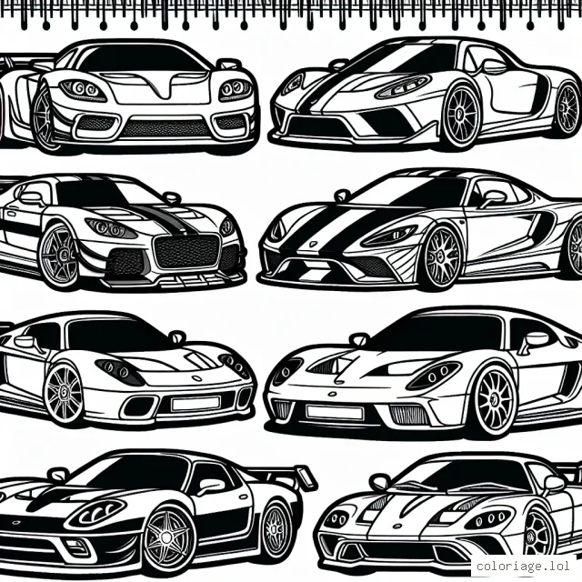 Dessine et colorie des voitures célèbres avec leurs différentes marques et modèles comme Ferrari, Bugatti, Mercedes et plus encore. N'oublie pas de soigner les détails pour bien différencier chaque voiture par sa marque !