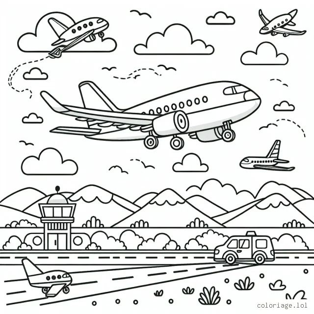Tu es un pilote d'avion très talentueux et tu es sur le point de t'envoler pour une grande aventure ! Dessine et colore ton avion préféré se préparant à décoller de l'aéroport. N'oublie pas de dessiner le ciel bleu, les montagnes au loin et les autres avions s'éloignant dans le ciel !