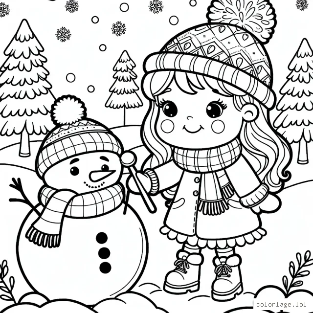 Créer un dessin d'une petite fille vêtue de vêtements d'hiver, jouant avec un bonhomme de neige souriant dans un parc enneigé.