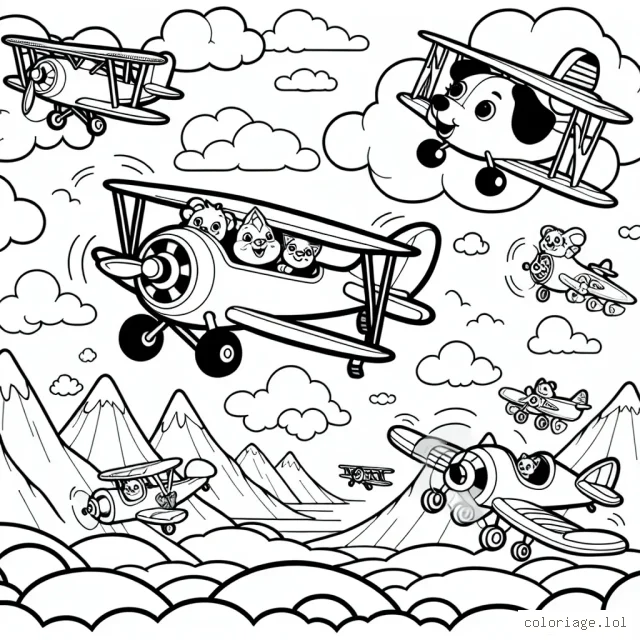Imaginez un dessin animé où des avions volent dans le ciel bleu azur, survolant des paysages majestueux. Certains avions transportent des animaux drôles et joyeux pendant que d'autres avions sont pilotés par des enfants. Il y a également des avions de différentes formes, tailles et designs. Utilisez votre palette de couleurs pour apporter de la vie à ces avions enthousiastes et au ciel dans lequel ils volent.