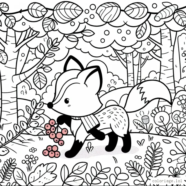 Un petit renard à la recherche de baies rouges dans la forêt enchantée