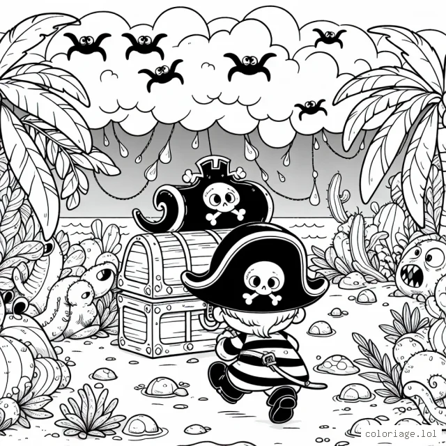 Un petit pirate courageux s'apprête à découvrir un trésor dissimulé sur une île mystérieuse peuplée de créatures étranges.