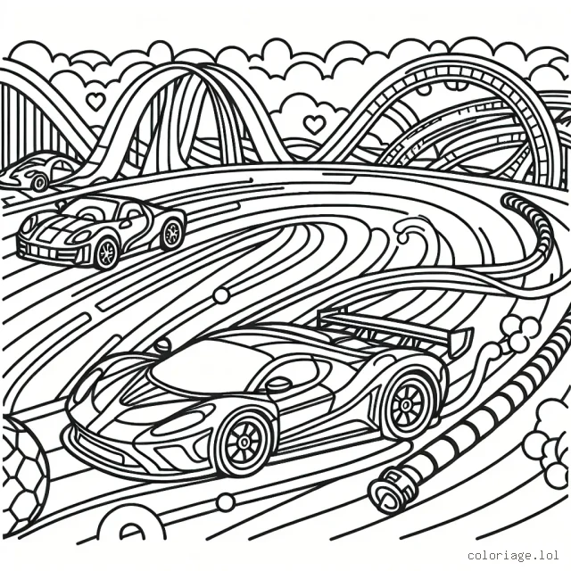 Colorie la scène d'une course fantastique de voitures de sport sur une piste pleine de looping