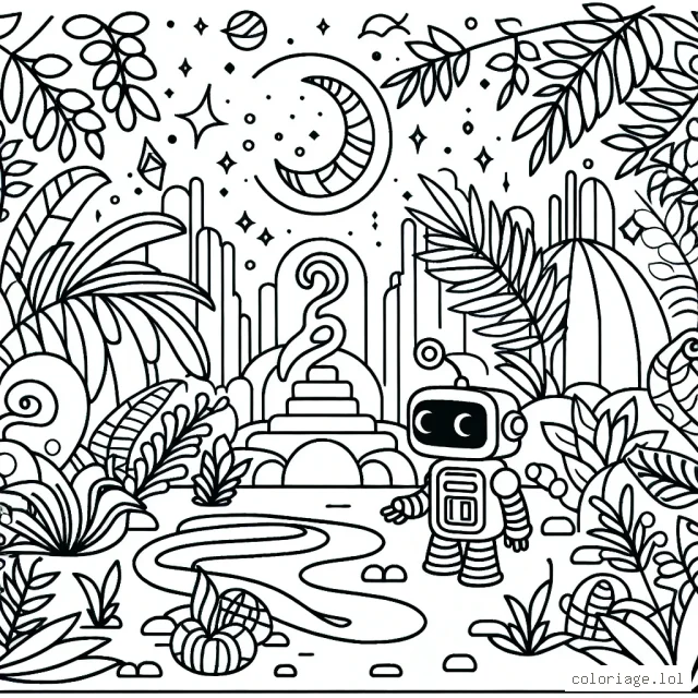 Un petit robot curieux explorant une jungle mystique pleine de plantes et d'animaux exotiques