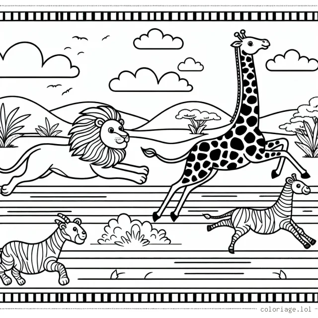Une grande course d'animaux dans la savane avec un lion, une girafe et un éléphant