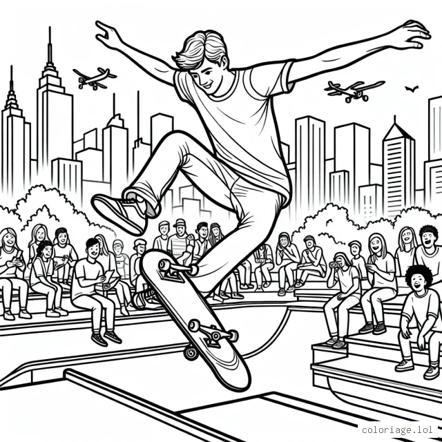 Un skateur professionnel exécute une figure impressionnante dans un skatepark urbain, avec des spectateurs en arrière-plan excités.