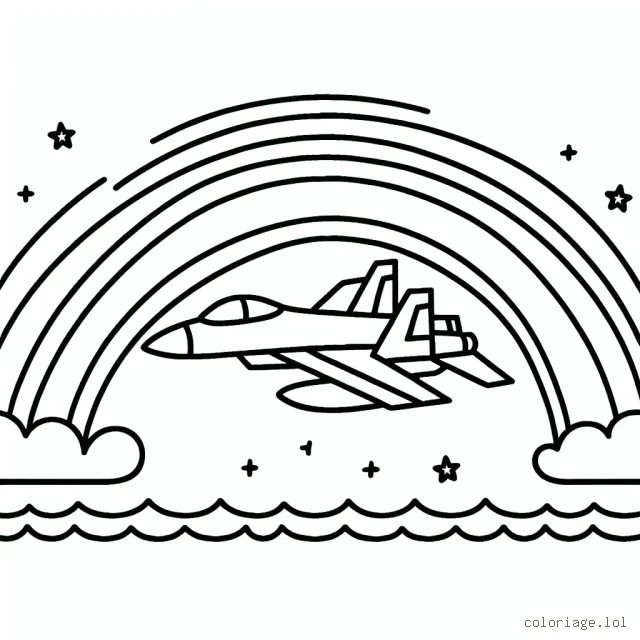 Dessinez un avion de chasse survolant l'océan avec un arc-en-ciel en arrière-plan.