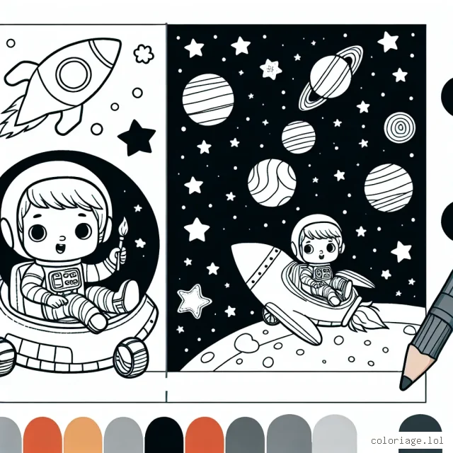 Un petit garçon se prépare à monter à bord d'un vaisseau spatial coloré, prêt à partir pour une aventure galactique.