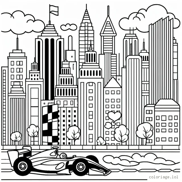 Dessine une course palpitante de voitures de sport dans une ville animée avec des gratte-ciels à l'arrière-plan.