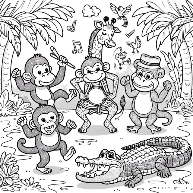 Dans une formidable jungle tropicale, une groupe d'animaux drôles se prépare à un concours de danse improvisée. Un singe, une girafe, un crocodile et un perroquet sont prêts à montrer leurs meilleurs mouvements. Prêt à les aider à prendre vie avec de superbes couleurs?