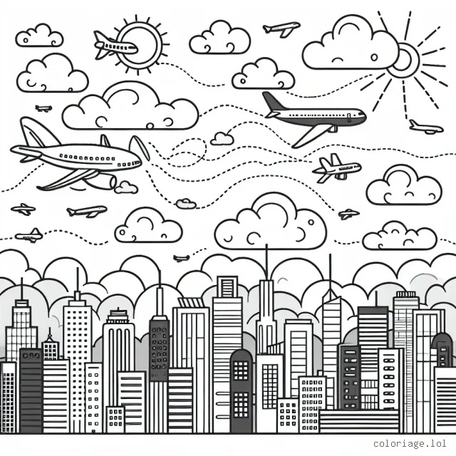 Dessine un ciel plein d'avions multicolores volant au-dessus d'une ville animée.
