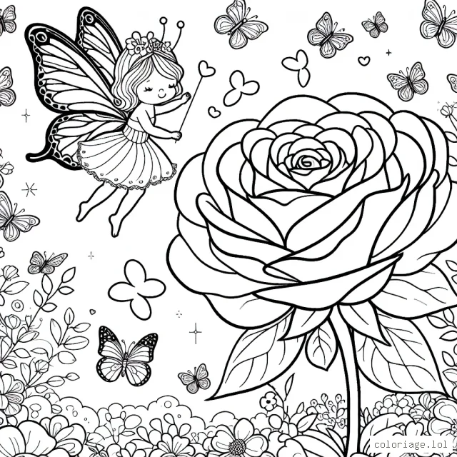 Dessine une petite fée volant avec des papillons colorés dans un jardin enchanté, cachée derrière une rose géante.