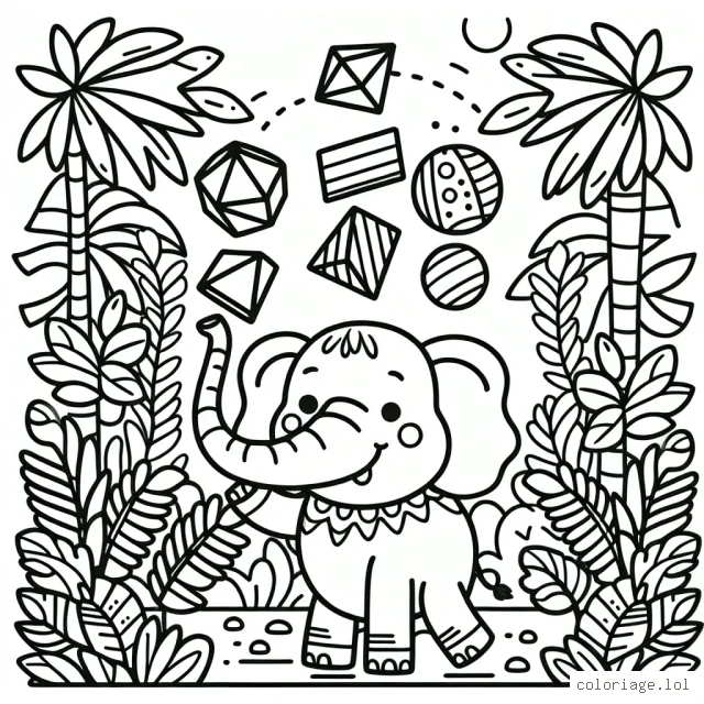 Un éléphant jonglant avec différentes formes géométriques dans une jungle exotique