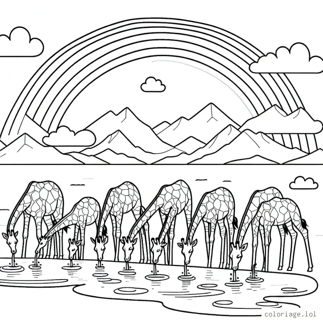 Un troupeau de girafes s'abreuve à une oasis tandis qu'un arc-en-cielserpenté s'élève derrière les montagnes au loin.