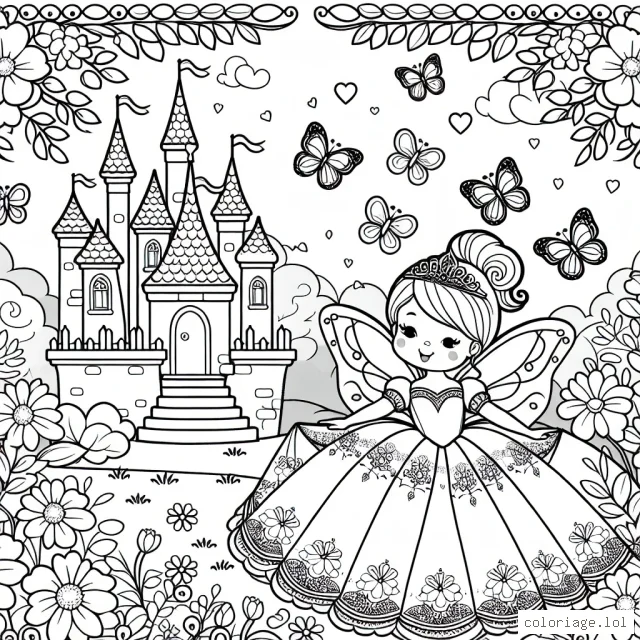 Imagine le palais magique d'une petite princesse entourée de jolis papillons volant autour d'elle, dans un royaume enchanté plein de fleurs colorées.
