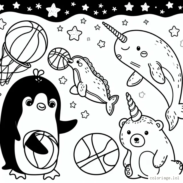 C'est l'heure de la récréation dans le monde fantastique des animaux. Dessine un pingouin qui joue au basket avec ses amis les ours polaires pendant qu'un narval sert de balle.