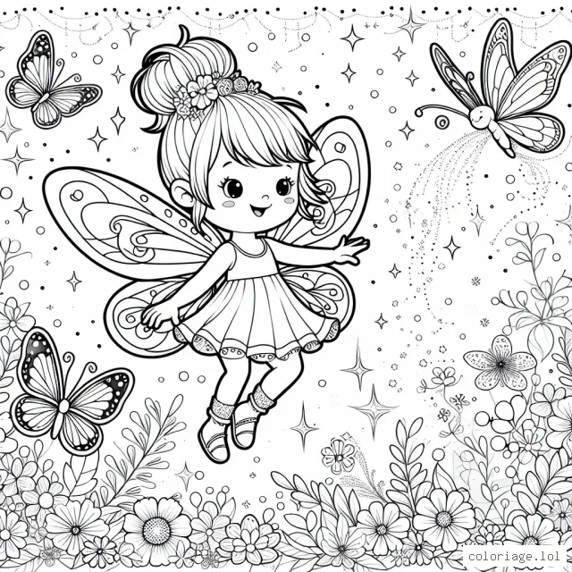 Une petite fée espiègle volant dans un jardin enchanté, entourée de papillons brillants et de fleurs aux mille couleurs.