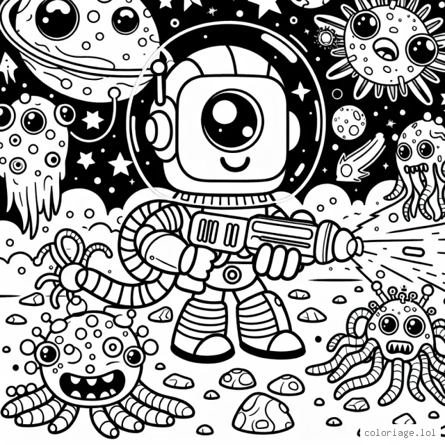 Un petit robot sympa est en mission pour sauver la planète d'une armée de monstres d'espace. Il a une armure brillante et est armé d'un pistolet à rayon laser. Les monstres ressemblent à des aliens avec plein de tentacules. Le champ de bataille est un paysage spatial mixte rempli de météorites, de lunes, d'étoiles et d'autres galaxies.